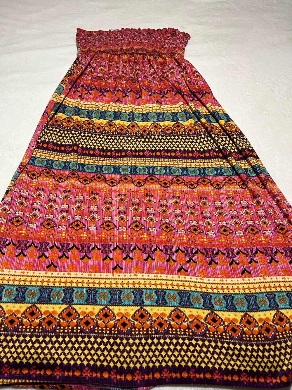 Bohemian Smocked strapless Maxi dress in Pink Multi